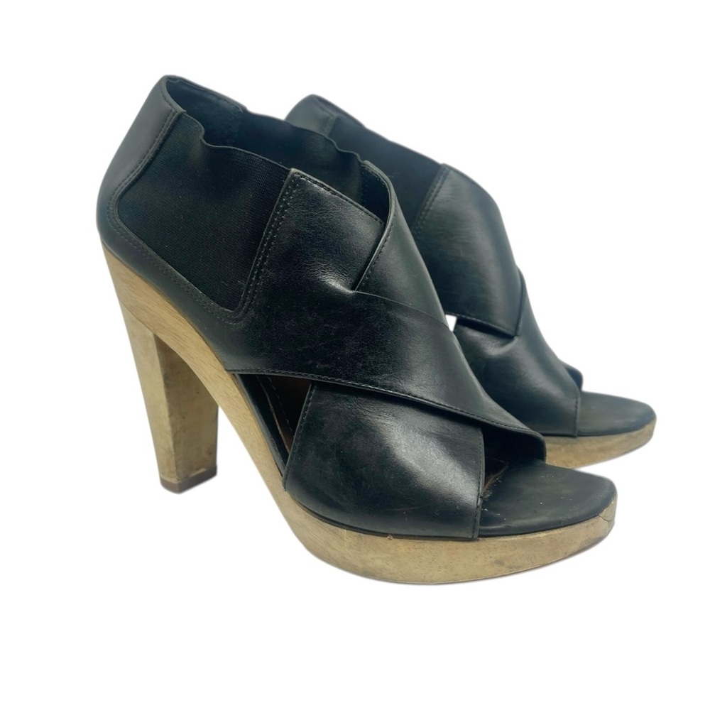Theory Shoes Heels Black Leather Wrap Wooden Wood Heeled Sandals Size 8 Womens